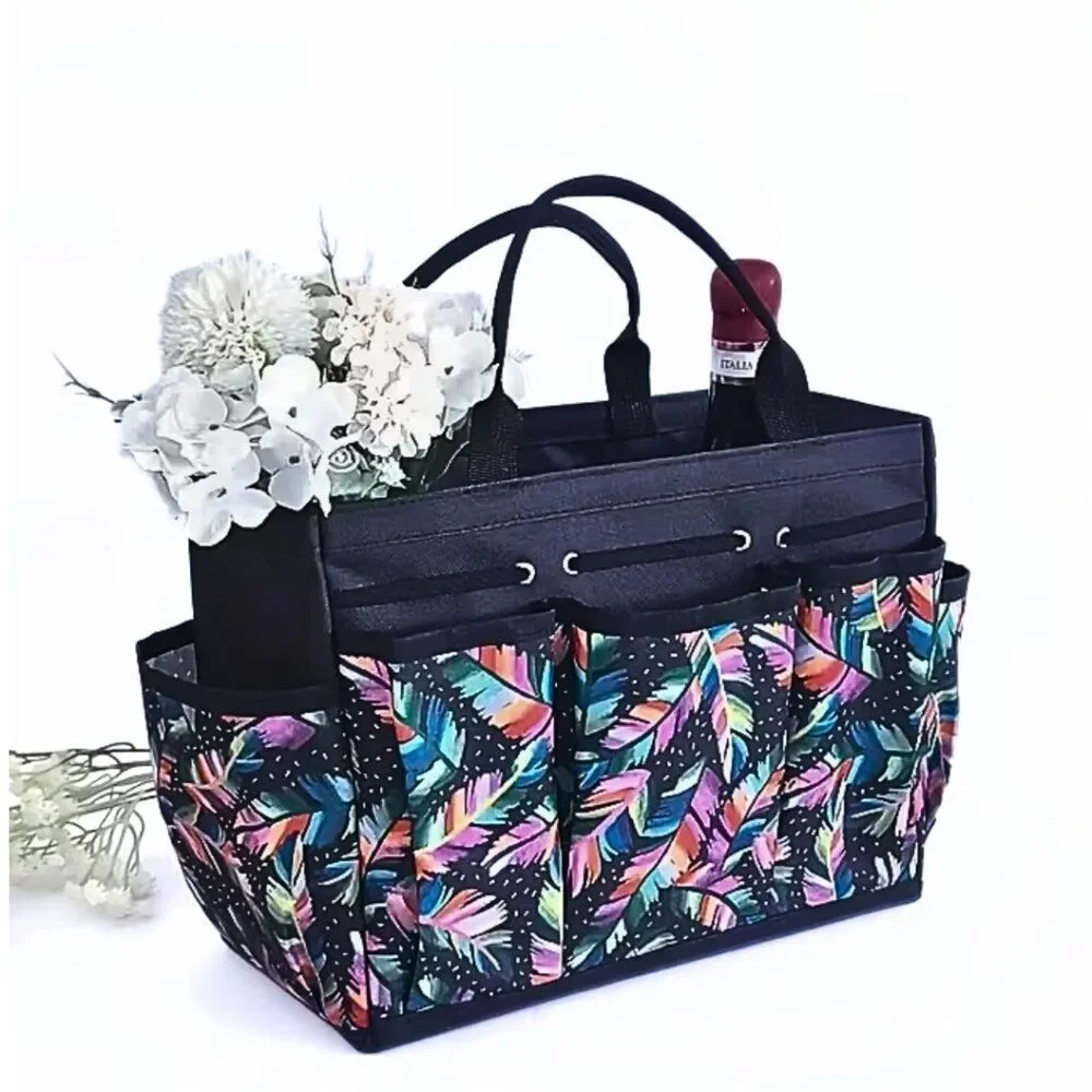 Multi-Color Feather Print Black Tote Bag Home Organizer Multiple Pockets